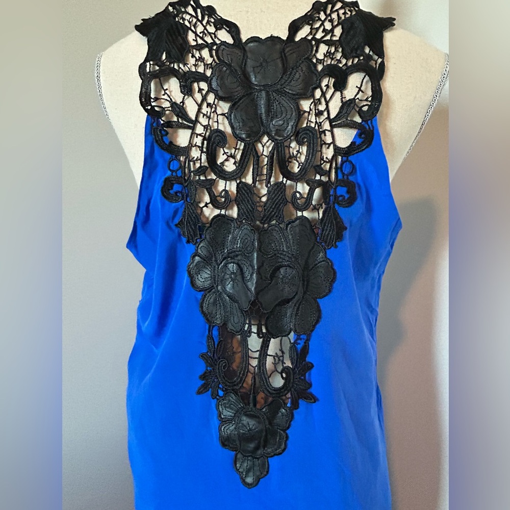 Blue Top with Black Lace Detail